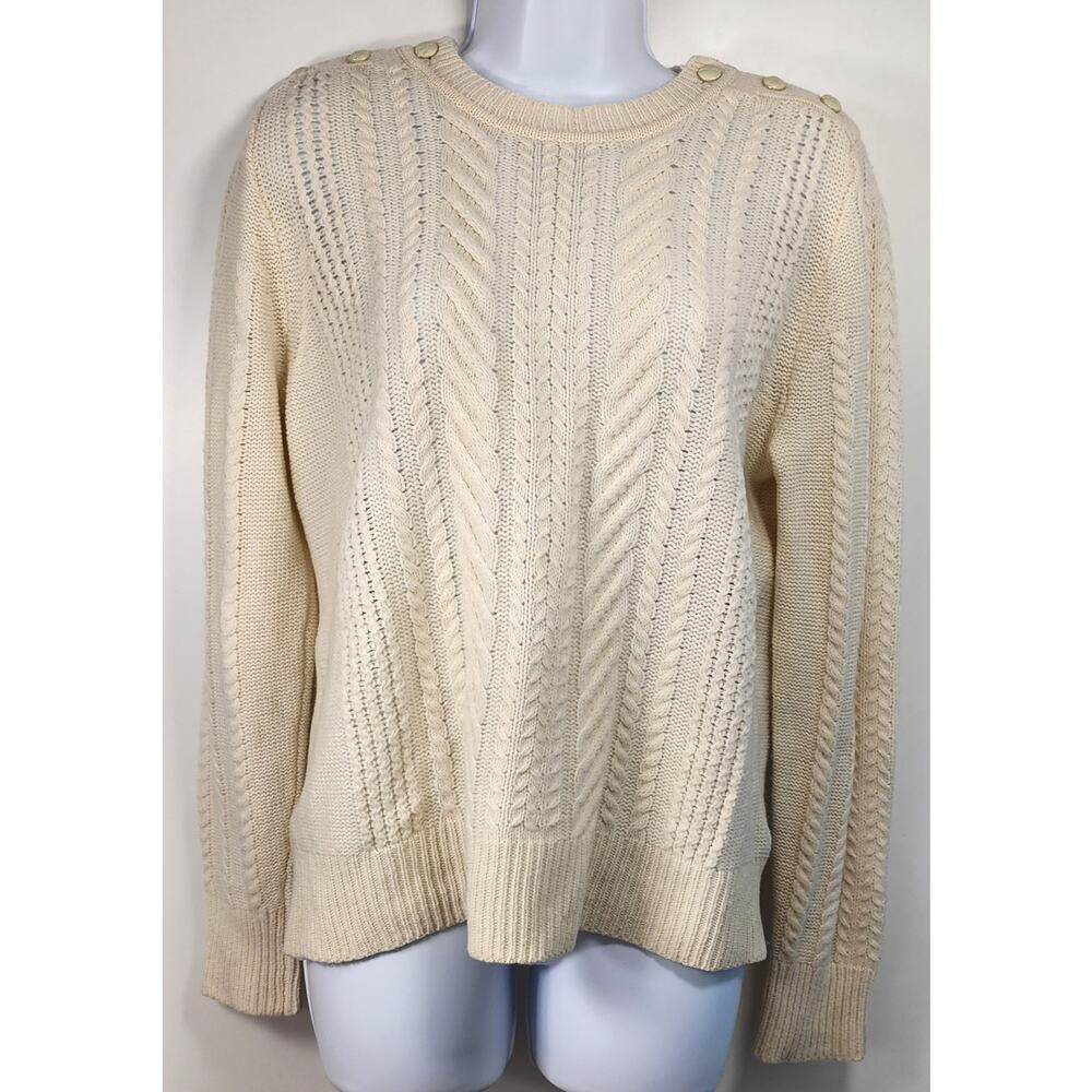 J.Crew Women's Cable Knit Sweater Cream 100% Wool Button Shoulder Preppy L